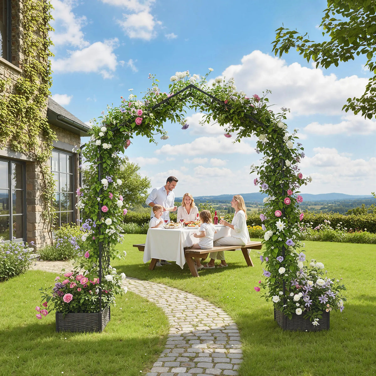 Outsunny garden arch trellis arbor with two planter boxes for outdoor plants
