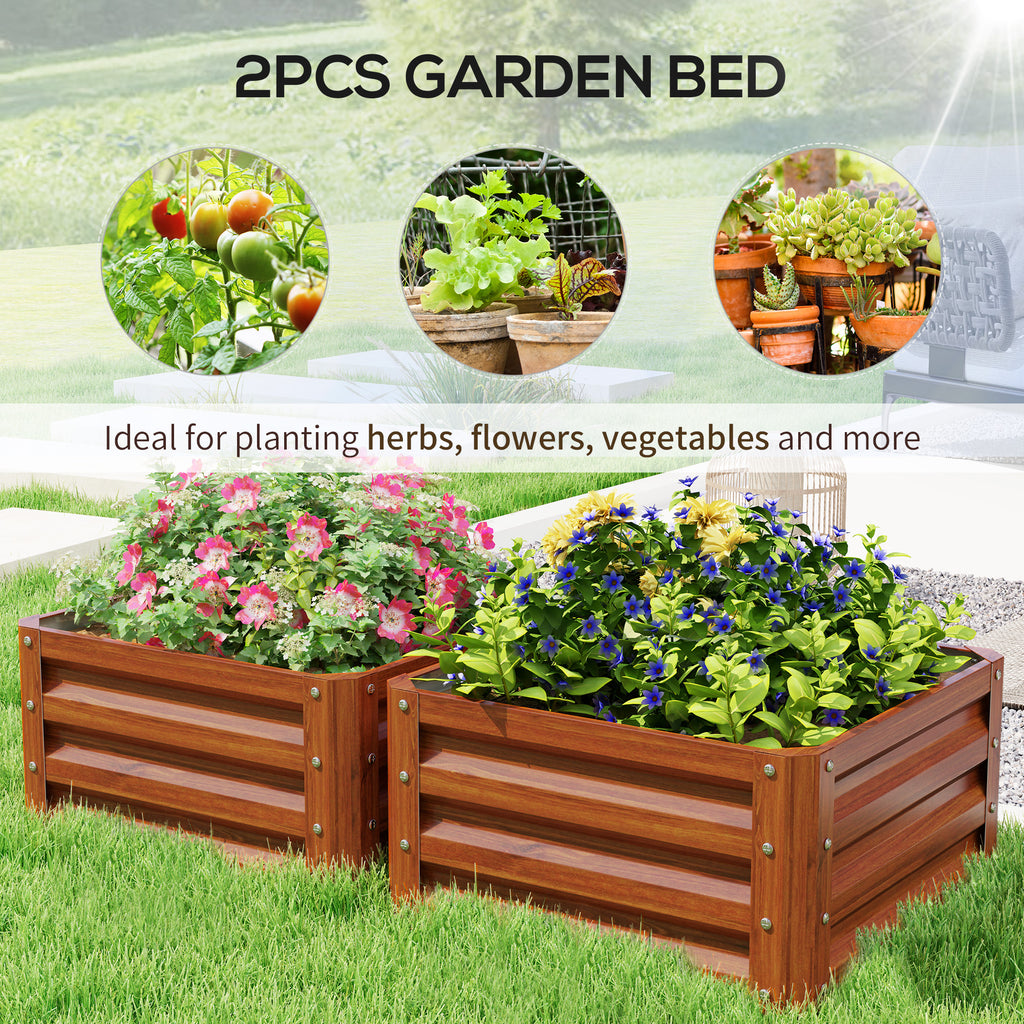 Galvanized Raised Garden Beds, Outdoor Planter Box, Set of 2, for Flowers, Herbs and Vegetables, Dark Brown Wood Effect
