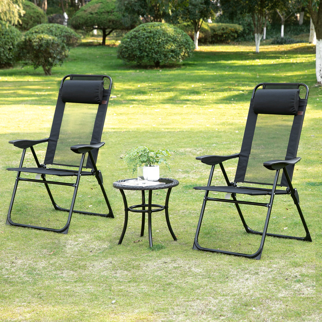 Set of 4 Camping Chairs, Outdoor Folding Lounge Chair Set with 5 Level Adjustable Backrest, Removable Headrest, Armrest for Camping, Backyard, Black