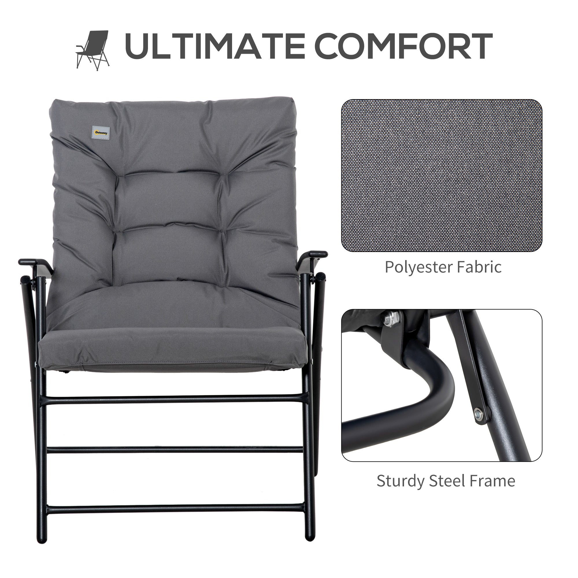 Foldable Lounge Chair, Fabric Upholstered Recliner, Outdoor Lounger with Armrest, Metal Frame for Backyard, Grey