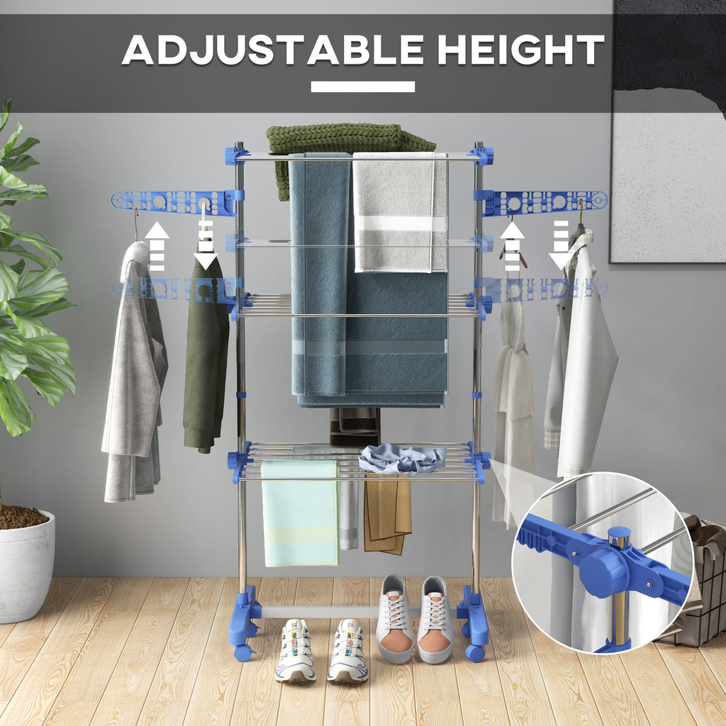 3-Tier Foldable Clothes Drying Rack, Stainless Steel Laundry Rack with 2 Side Wings and 6 Castors, Collapsible Adjustable Clothes Airer for Indoor Outdoor, Blue