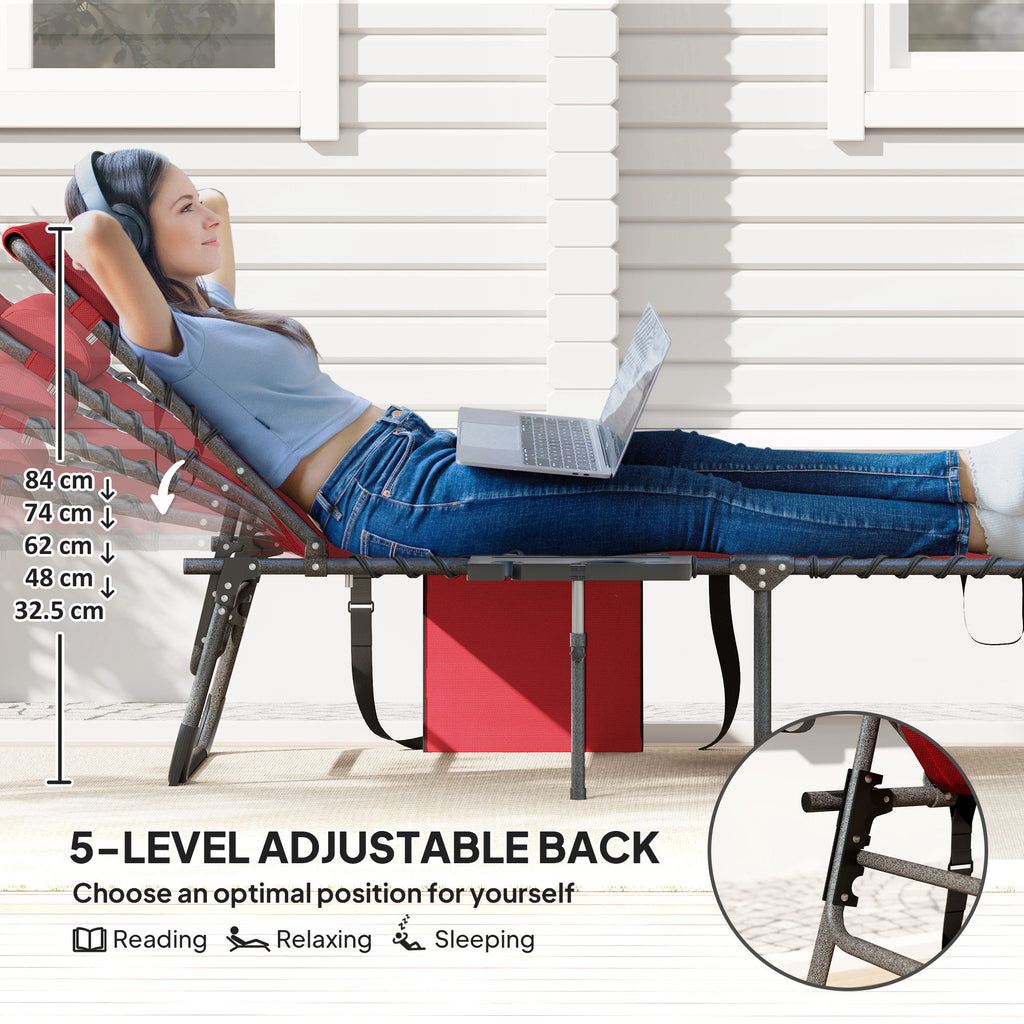 Folding Lounge Chair, Outdoor Chaise Lounge Tanning Chair with Adjustable Back, Side Table, Headrest, Red