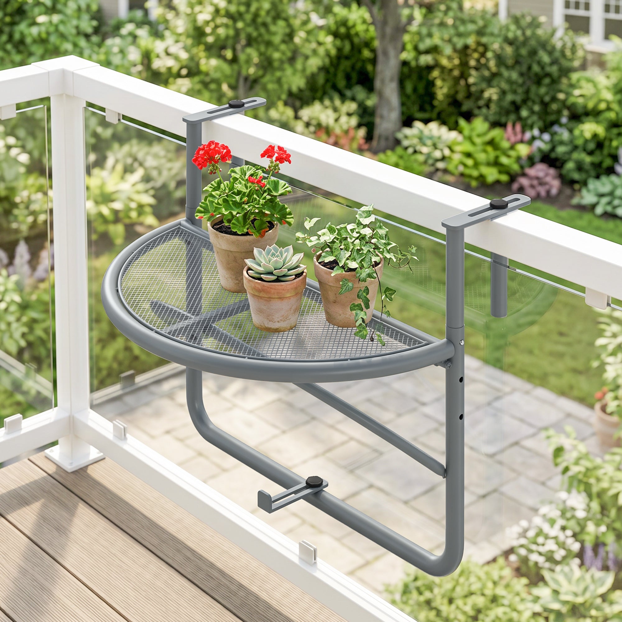 Adjustable Balcony Hanging Railing Table, Metal Mounting Mini Wall Desk Storage Rack, Outdoor Flower Stand Serving Table Half Round, Grey