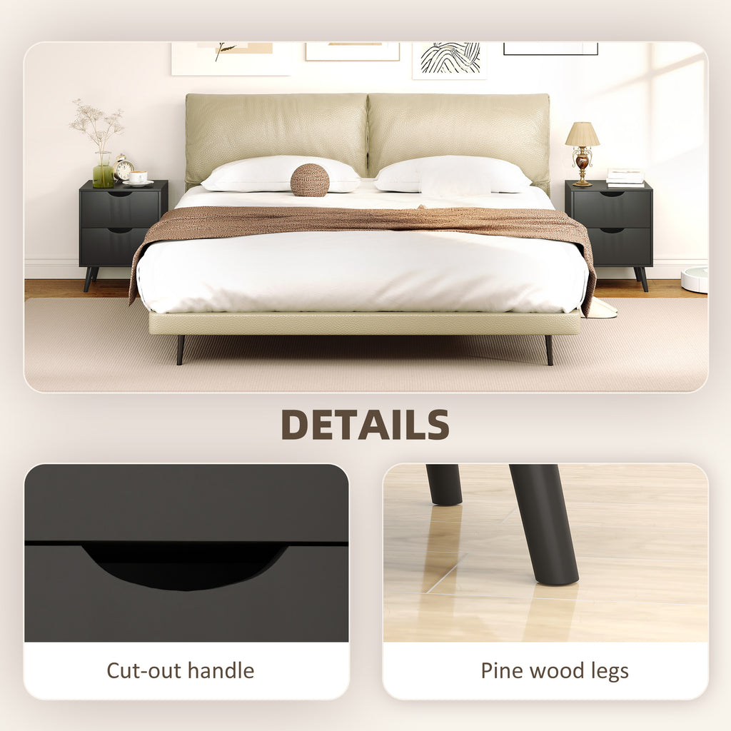 Modern Bedside Table Set of 2, Nightstand with 2 Drawers and Pine Wood Legs for Bedroom, Black