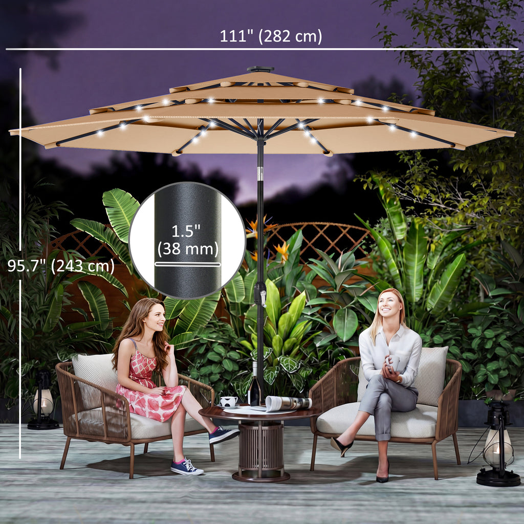 9.3 ft Patio Umbrella with Solar LED Lights, Cover, 3 Tier Outdoor Market Table Parasol with Tilt, Crank, Khaki
