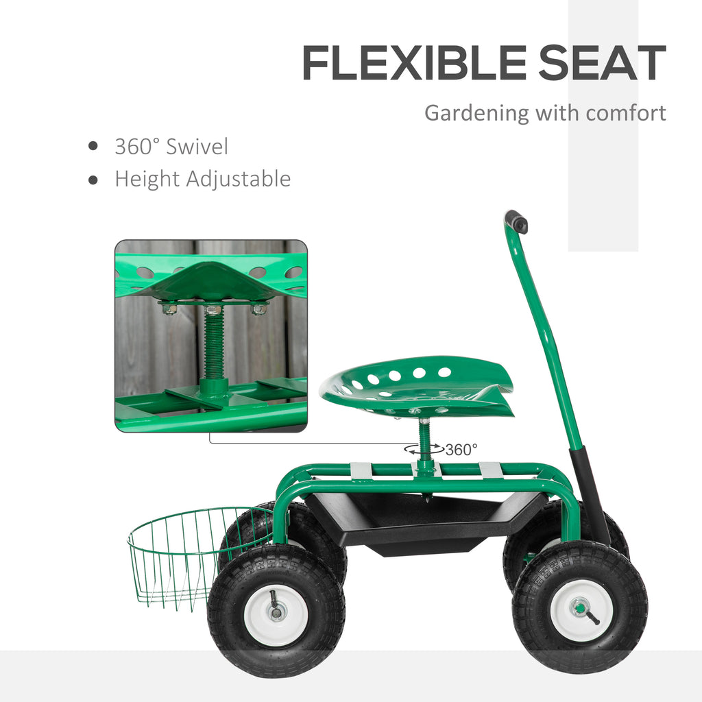 Garden Scooter, Rolling Cart with Swivel and Adjustable Seat, Tool Tray, Bucket Basket, Green and Black
