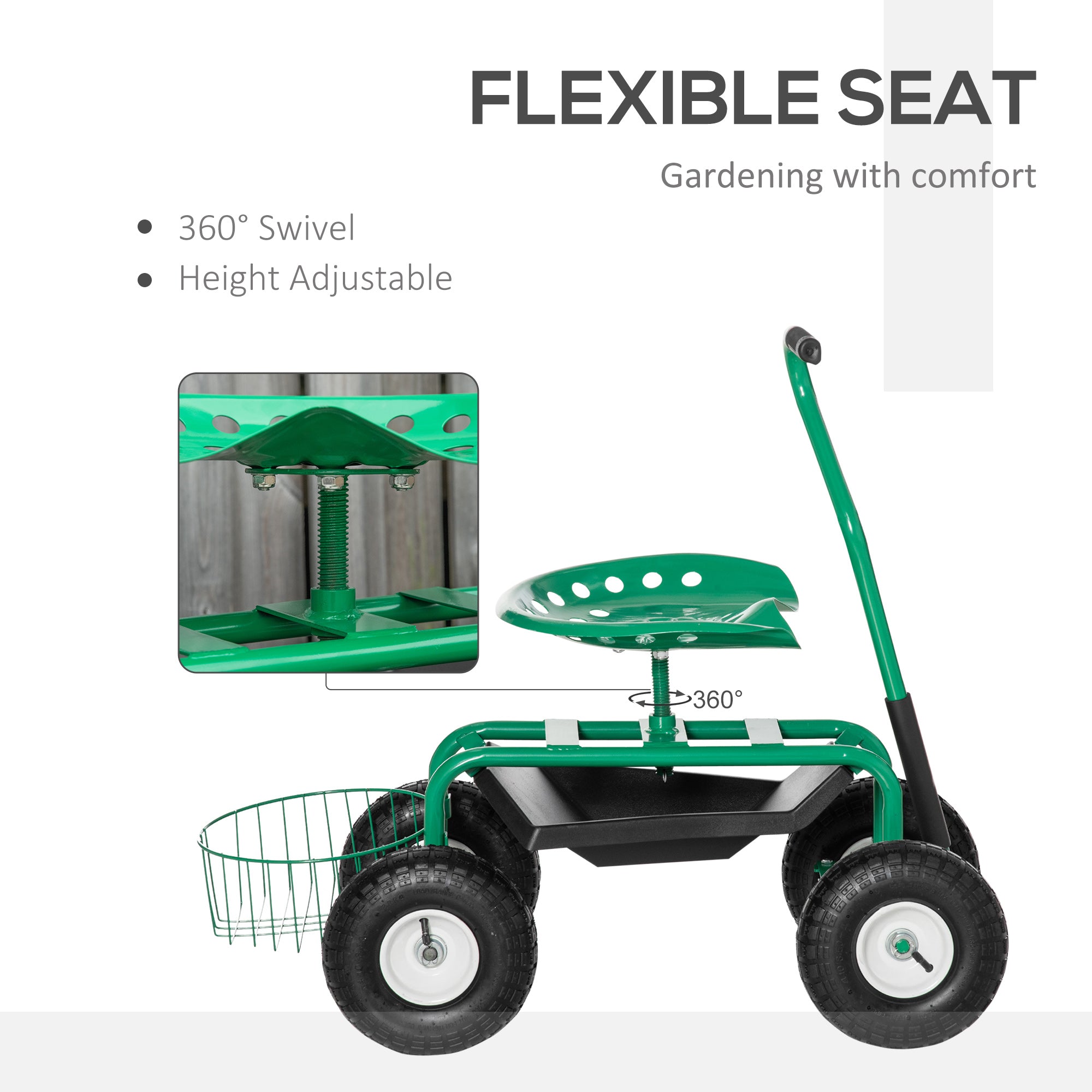Garden Scooter, Rolling Cart with Swivel and Adjustable Seat, Tool Tray, Bucket Basket, Green and Black