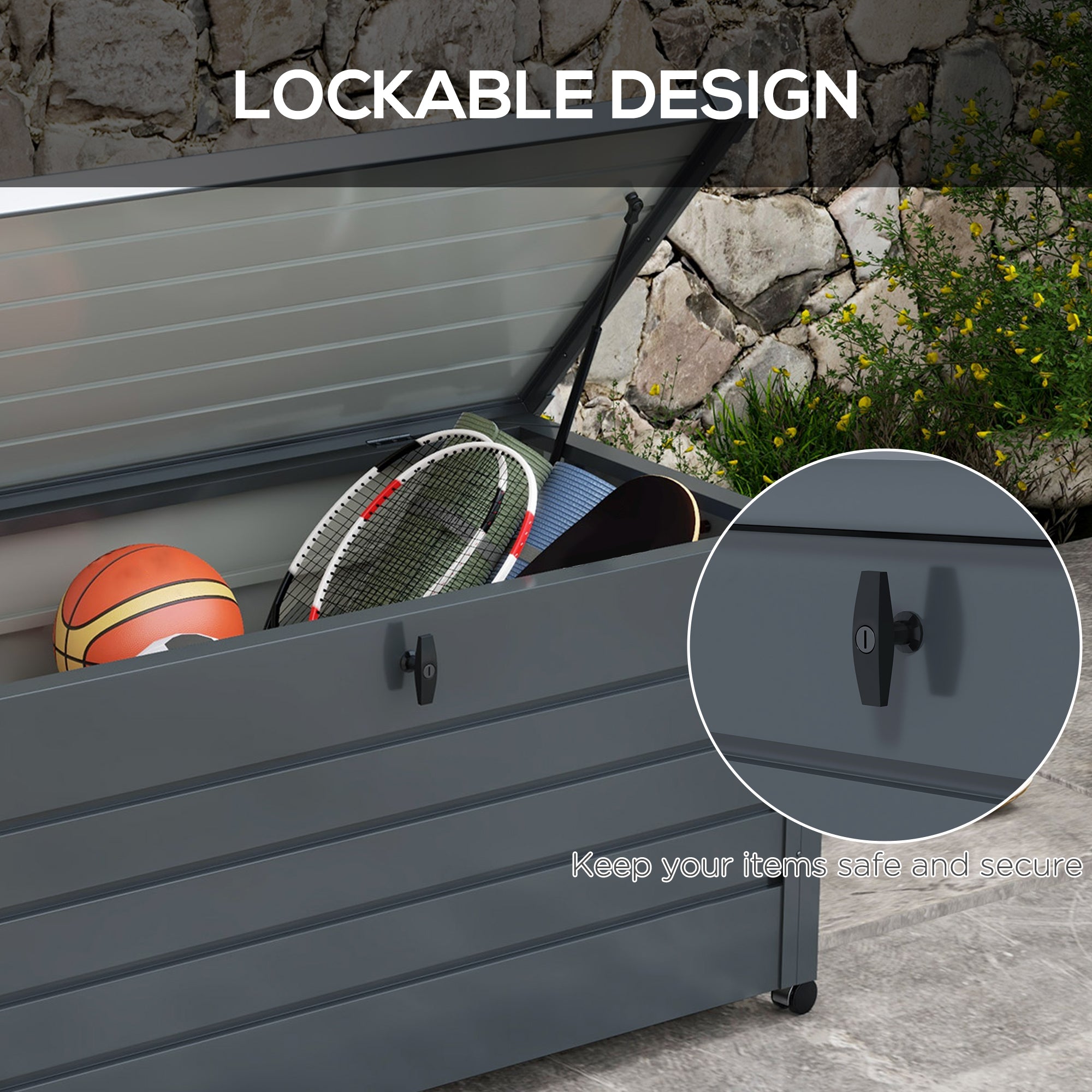 82 Gallon Garden Storage Box, Waterproof Outdoor Storage Container with Wheels and Handles, Dark Grey