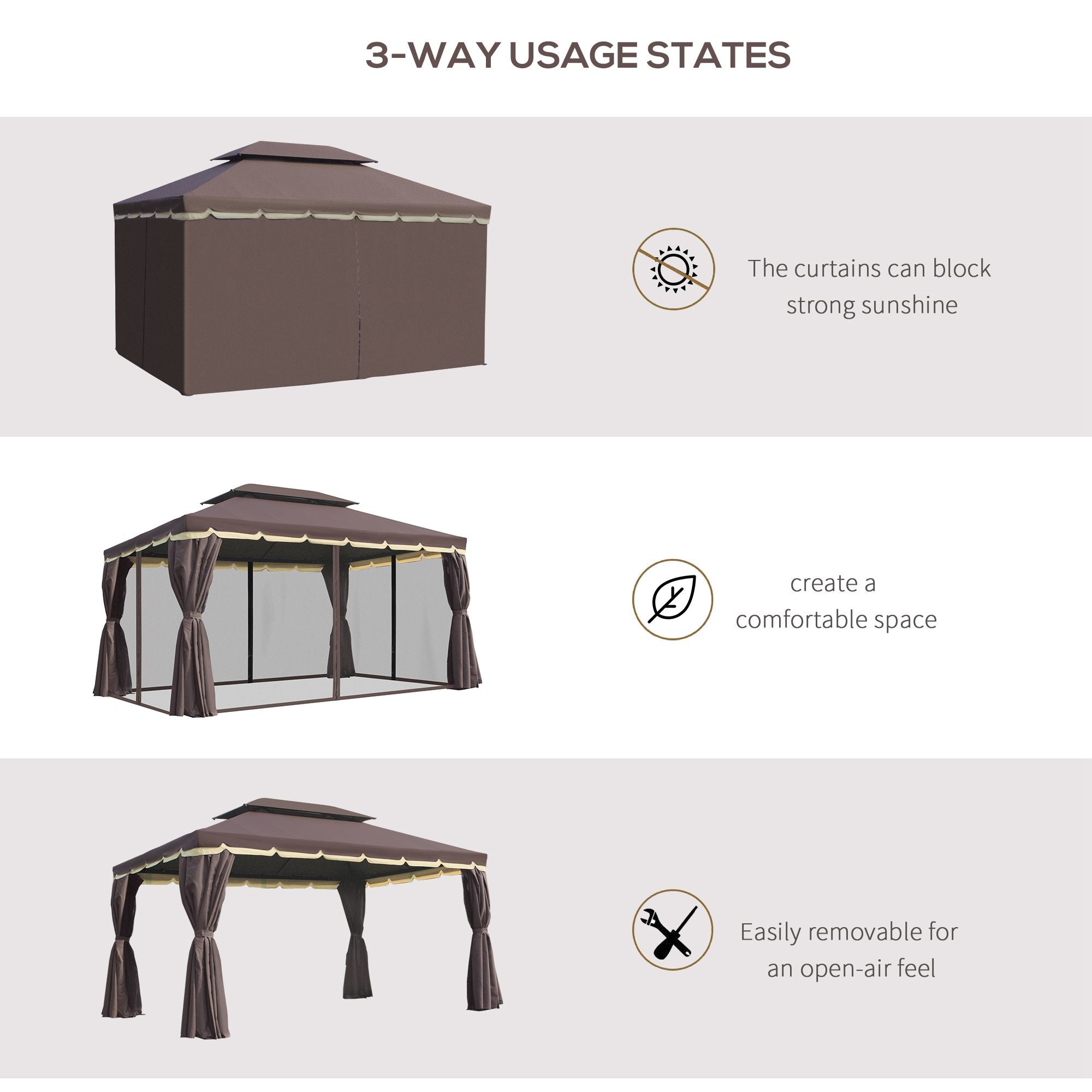 10 x 13ft Aluminum Frame Gazebo Canopy Double Tier Garden Shelter with Netting and Curtains, Coffee