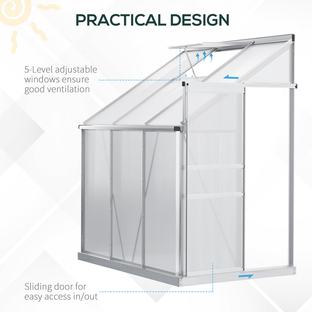 6' x 4' Aluminum Lean-to Greenhouse Polycarbonate Walk-in Garden Greenhouse with Adjustable Roof Vent, Rain Gutter and Sliding Door for Winter, Clear