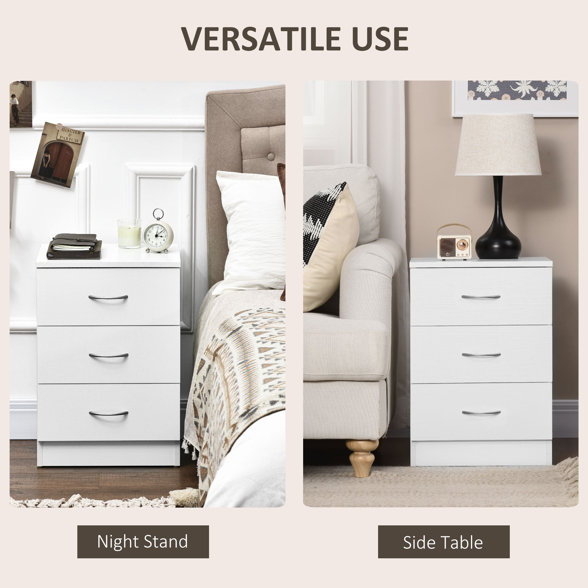 Bedside Table with 3 Drawers, Modern Wood Nightstand, Side End Table for Bedroom, White