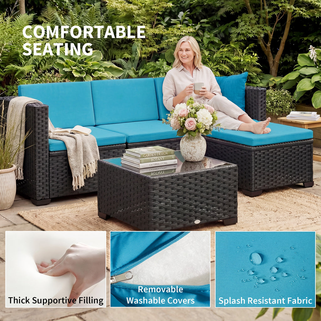 5 Piece Patio Furniture Set, L-Shape Wicker Outdoor Sectional with 3 Chairs, Ottoman, Glass Table, Cushions, Turquoise