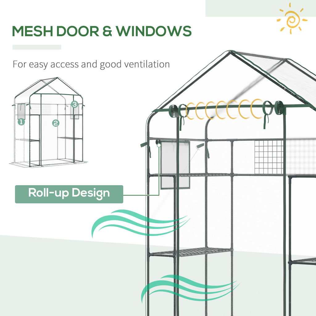 Walk-in Greenhouse with 4 Shelves, 56" x 29" x 77" Mini Greenhouse ,Roll-Up Door, Mesh Windows for Seedling, Flowers, Plant Growing, Clear