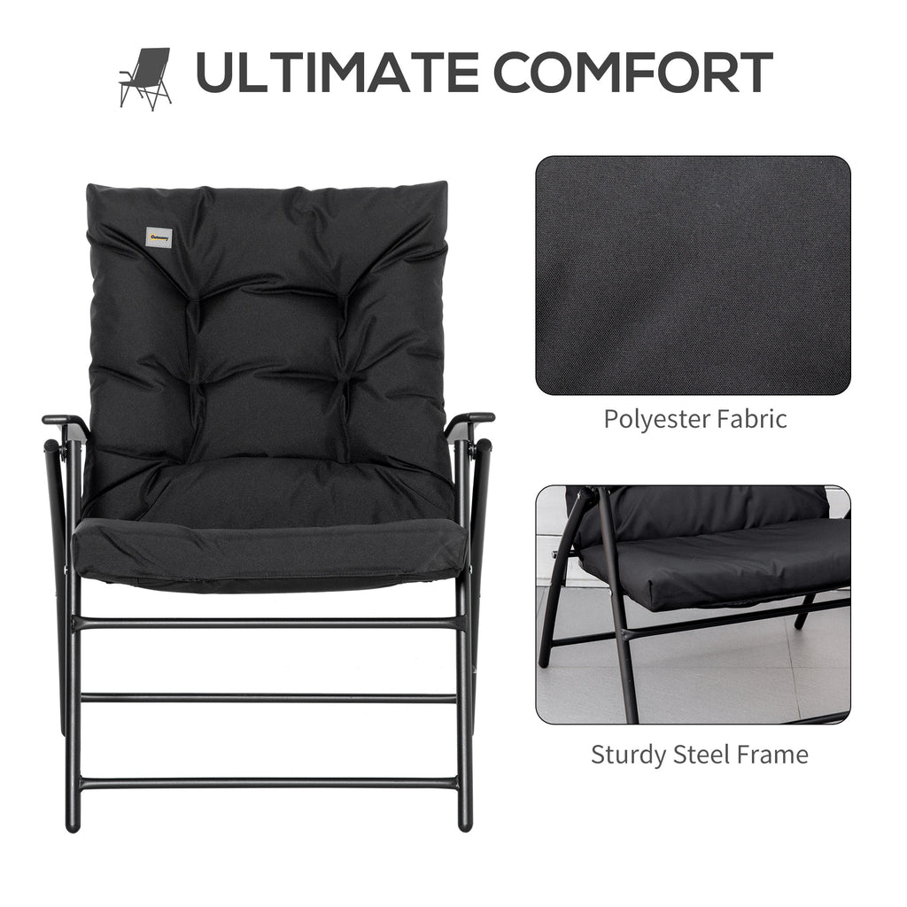 Foldable Lounge Chair, Fabric Upholstered Recliner, Outdoor Lounger with Armrest, Metal Frame for Backyard, Black