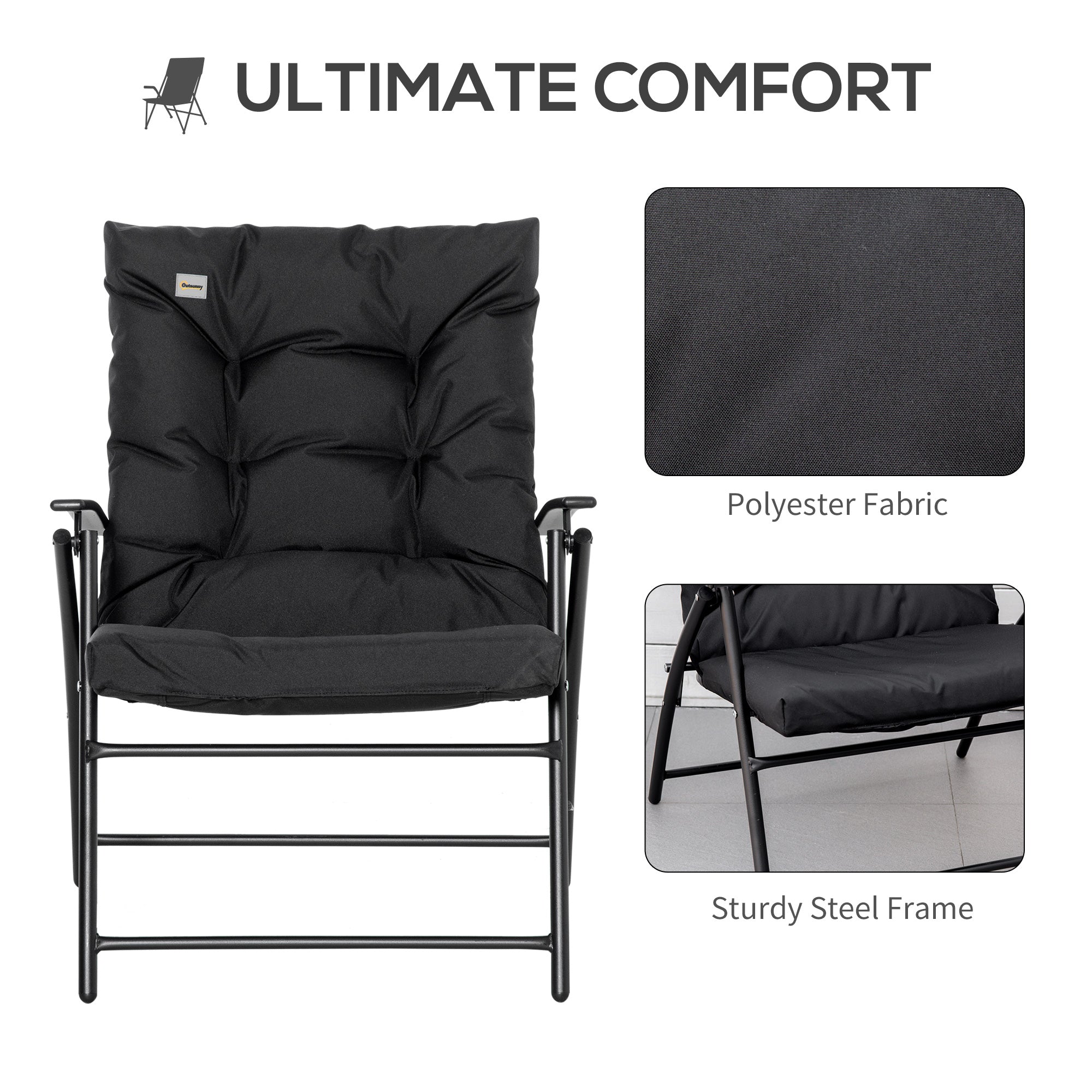 Foldable Lounge Chair, Fabric Upholstered Recliner, Outdoor Lounger with Armrest, Metal Frame for Backyard, Black