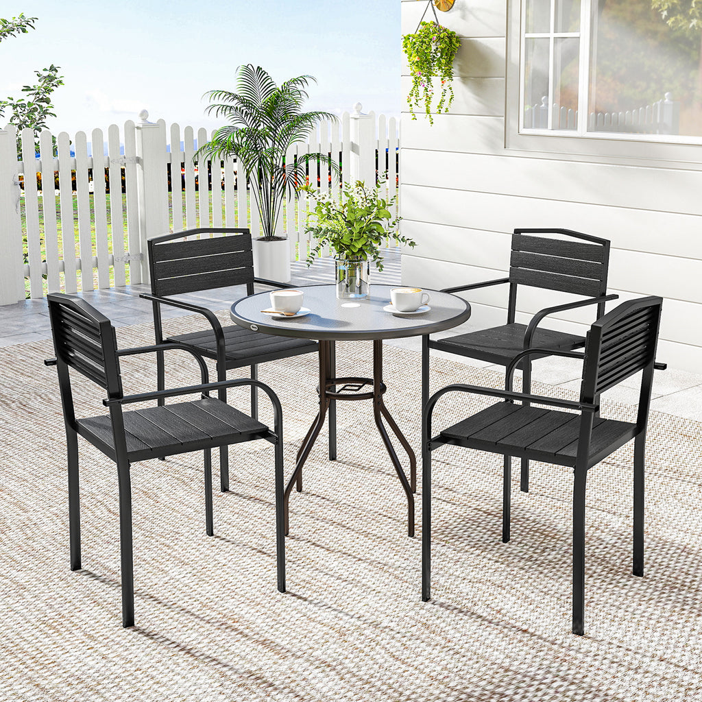 Stackable Patio Chairs Set of 4, Outdoor Dining Chairs with Slatted HDPE Seat, Armrests for Garden, Backyard, Black