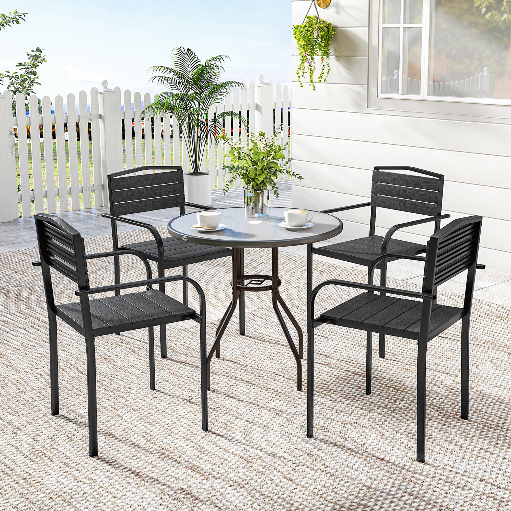 Stackable Patio Chairs Set of 4, Outdoor Dining Chairs with Slatted HDPE Seat, Armrests for Garden, Backyard, Black