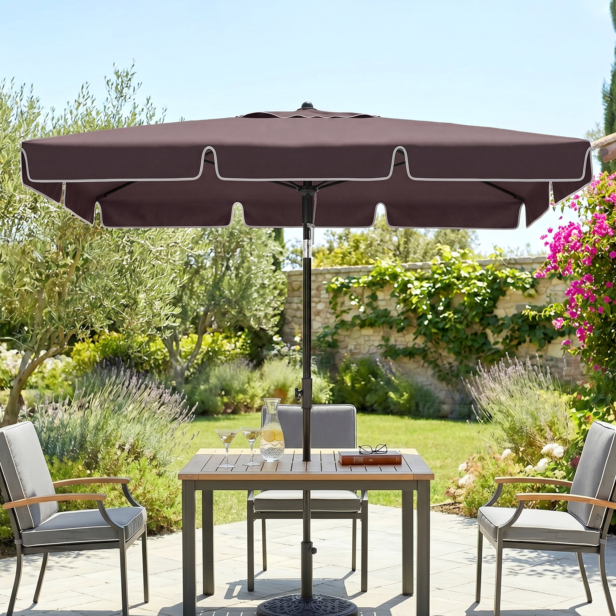 6.5x4ft Rectangle Patio Umbrella Aluminum Tilt Adjustable Garden Parasol Sun Shade Outdoor Canopy Coffee