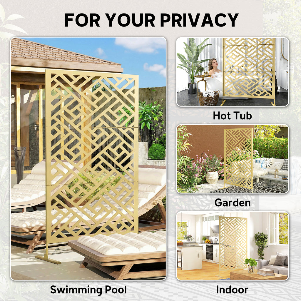 Metal Outdoor Privacy Screen, Freestanding Outdoor Divider with Stand, 79" x 47", Gold