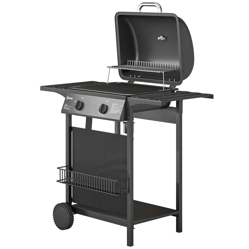2-Burner Propane Gas Grill, 18000 BTU BBQ Grill with Wheels, Warming Rack, Shelf, Thermometer, Grease Cup, Black