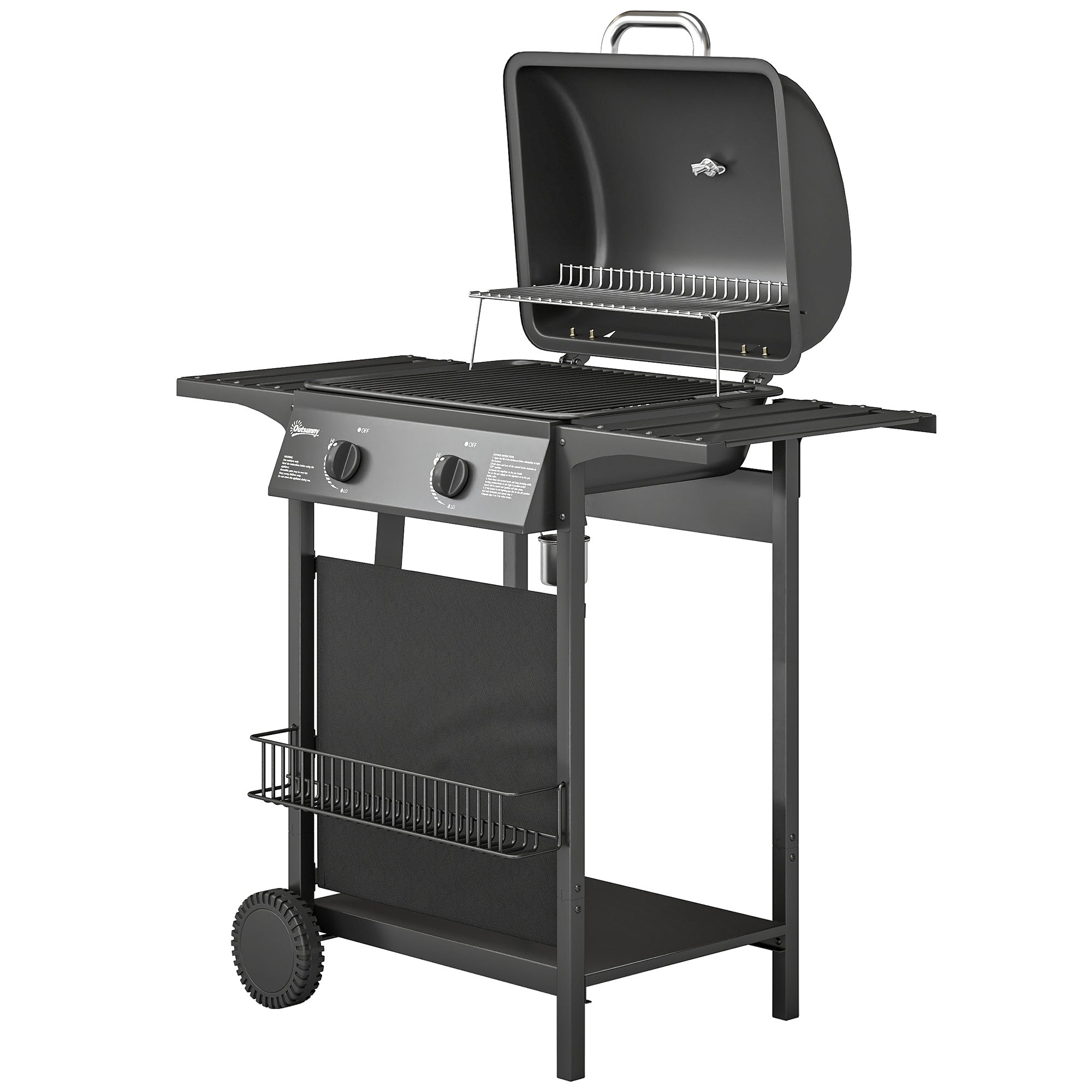 2-Burner Propane Gas Grill, 18000 BTU BBQ Grill with Wheels, Warming Rack, Shelf, Thermometer, Grease Cup, Black