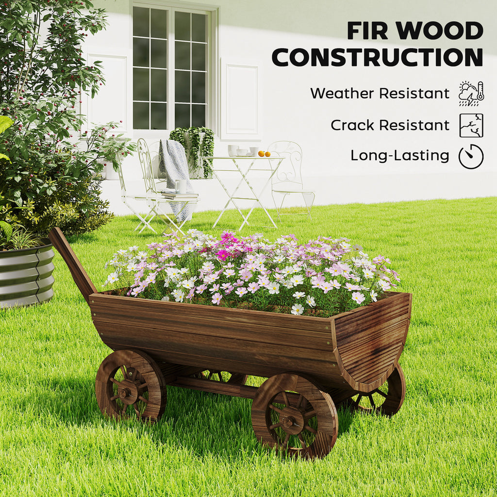 Wooden Wagon Planter Box, Mobile Garden Planter with 4 Wheels, Small Wheelbarrow Wagon Flower Cart with Drainage Holes