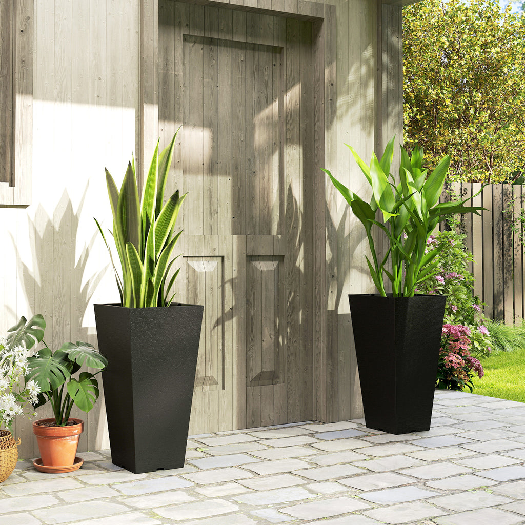 23" Tall Planters Set of 2, Indoor Outdoor Stackable Taper Planters with Marble Finish and Drainage Holes, Black