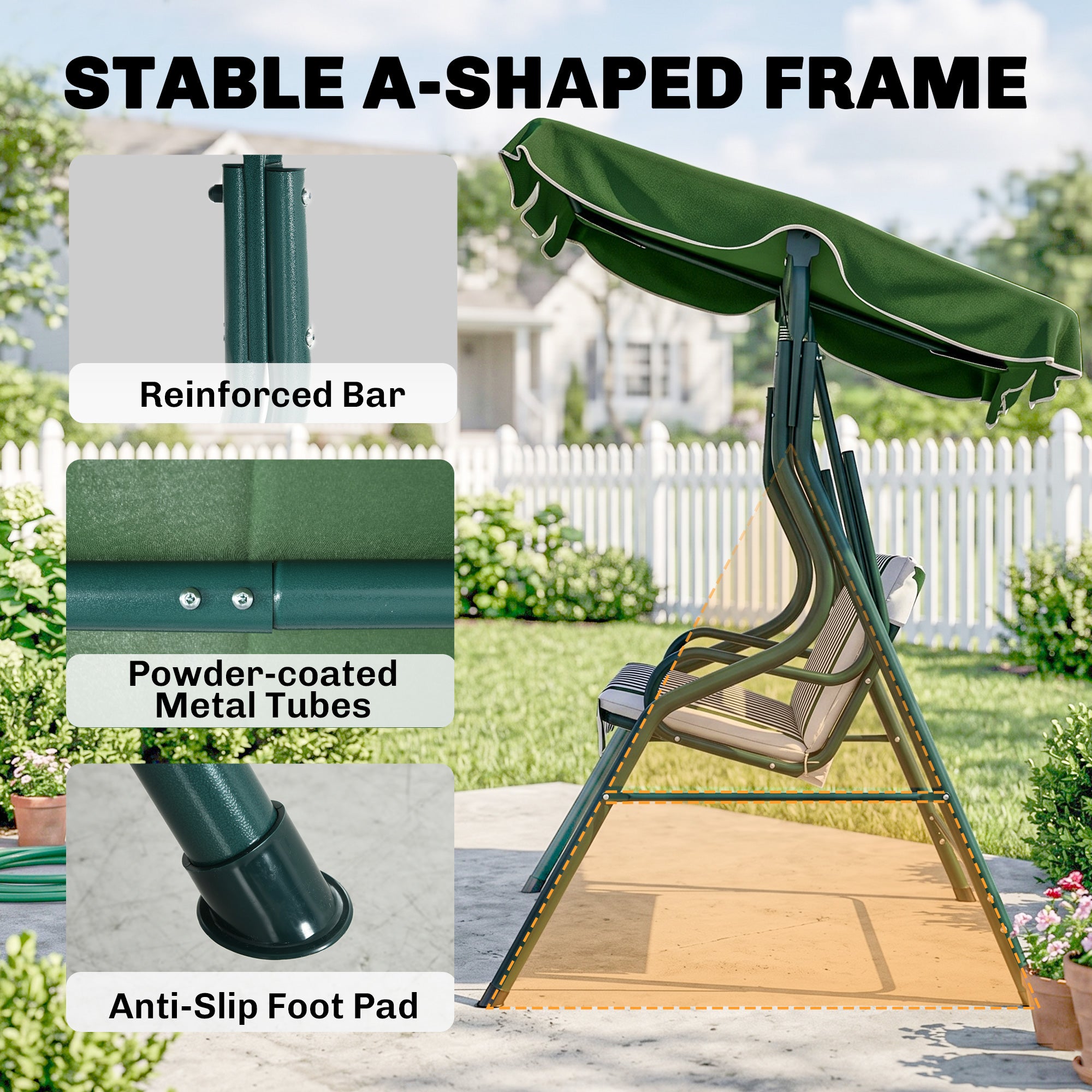Outdoor Porch Swing with Adjustable Canopy, 3-Seater Patio Swing Chair with Cushion, Green