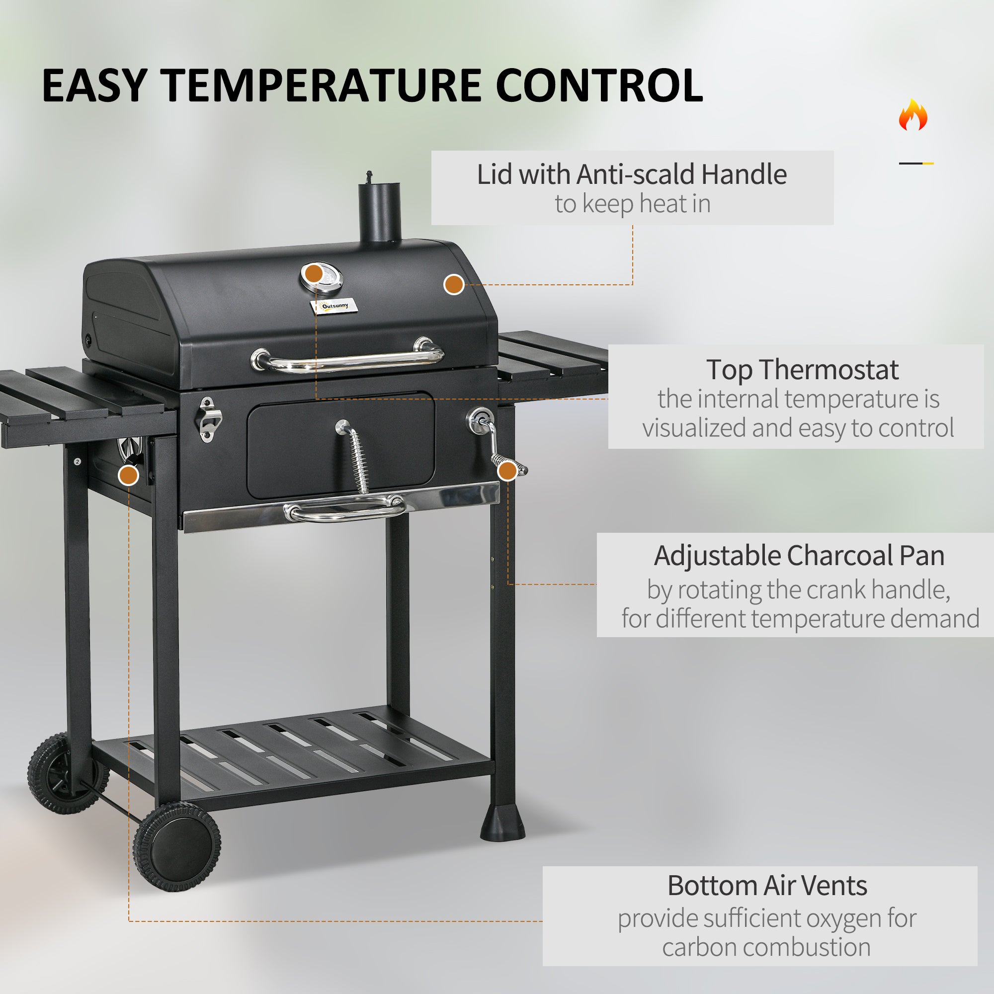 Charcoal BBQ Grill Smoker with Adjustable Charcoal Pan and Galvanised Steel Shell, Barbecue Grill Trolley with Storage