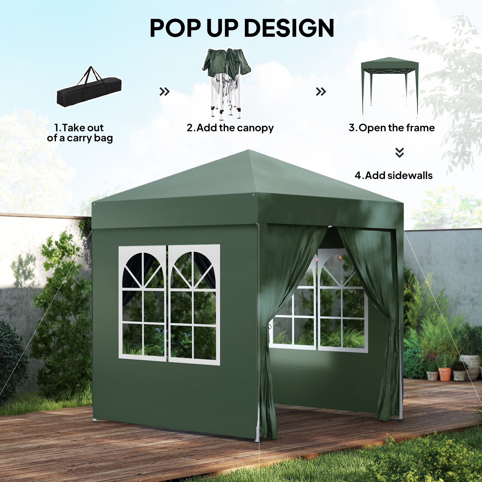 6.6'x6.6' Pop Up Canopy Tent with Sidewalls, Instant Sun Shelter Camping Gazebo with Carry Bag, Dark Green