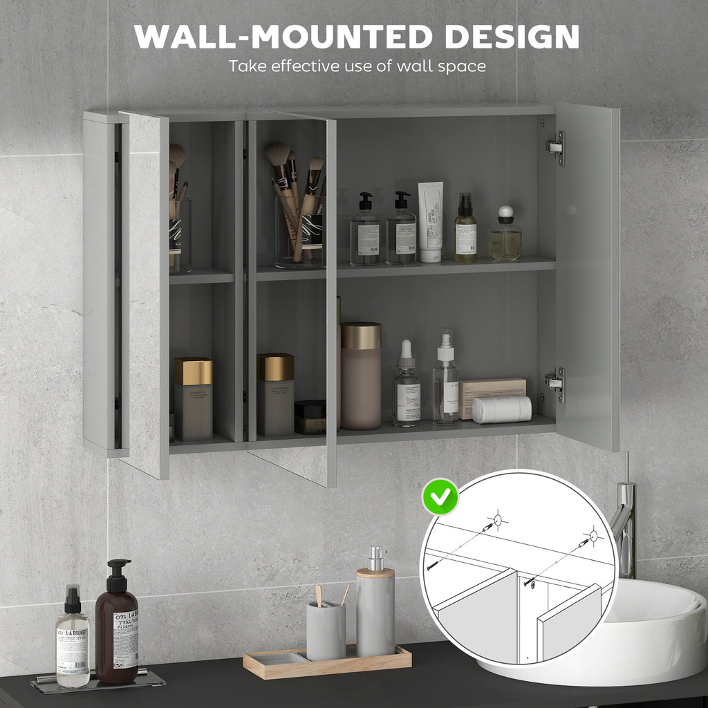35" x 24" Wall Mounted Mirror Cabinet, Bathroom Medicine Cabinet with Mirror, 3 Doors and Adjustable Shelves, Grey