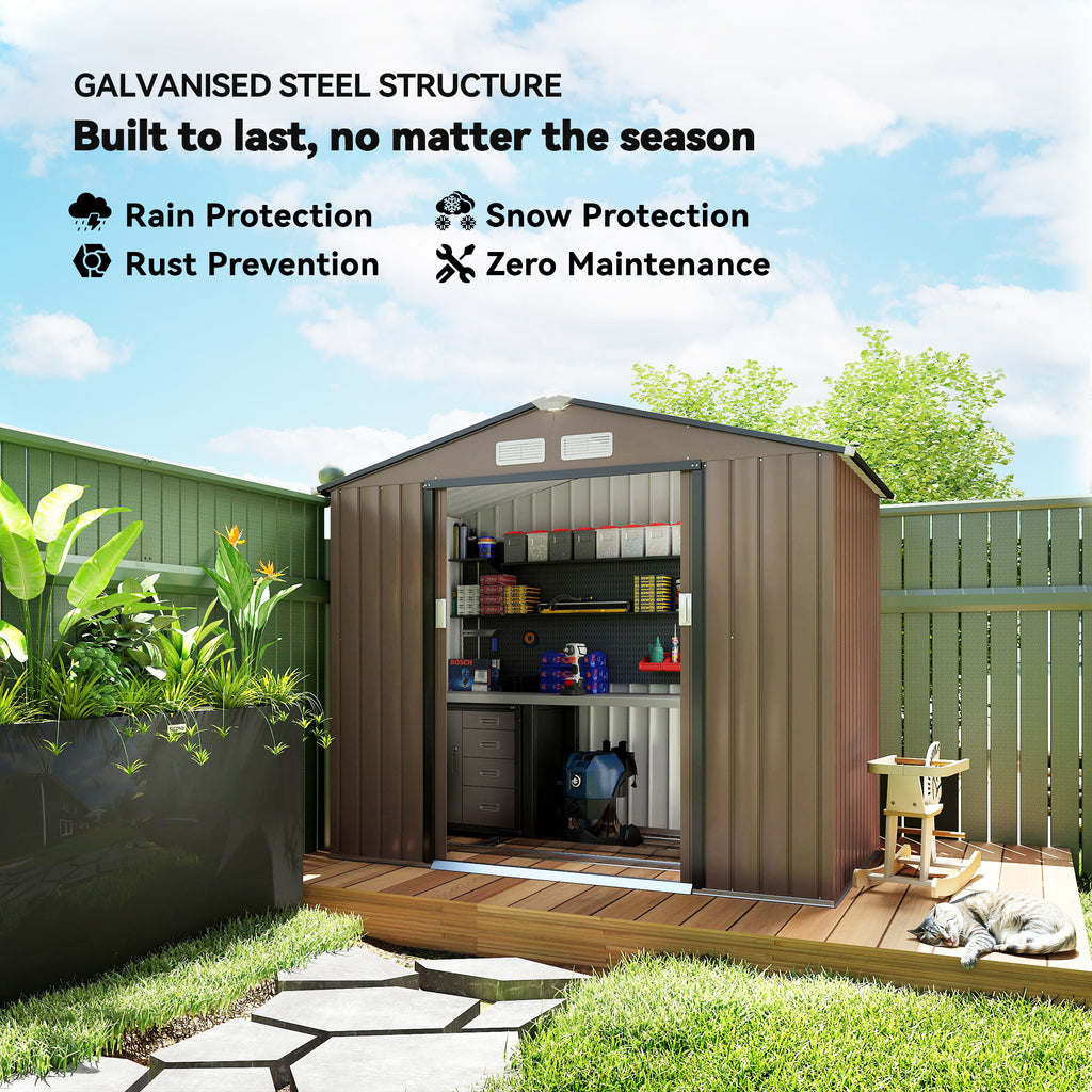 7' x 4' x 6' Garden Storage Shed Outdoor Patio Metal Tool Storage House w/ Foundation Kit and Double Doors Brown