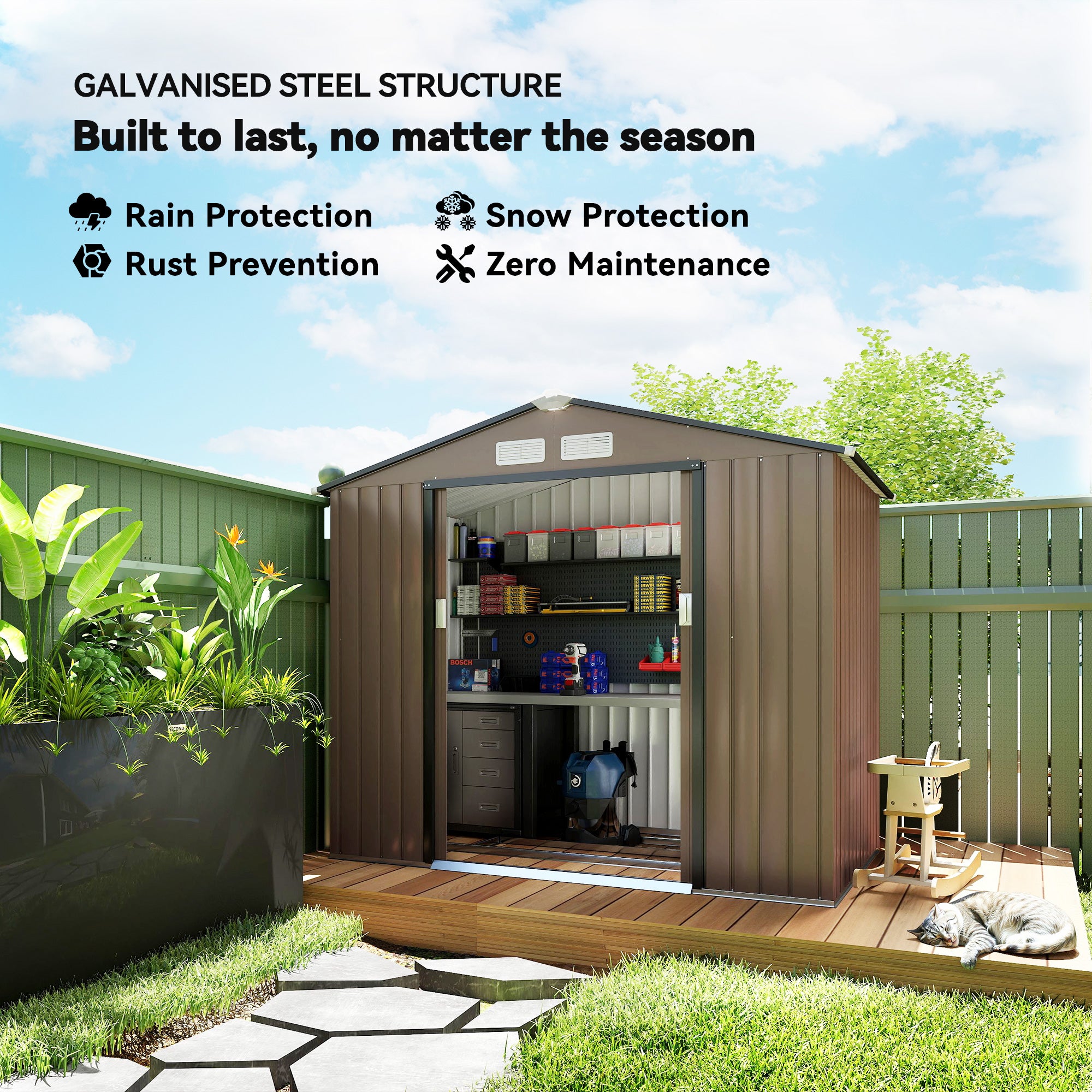 7' x 4' x 6' Garden Storage Shed Outdoor Patio Metal Tool Storage House w/ Foundation Kit and Double Doors Brown