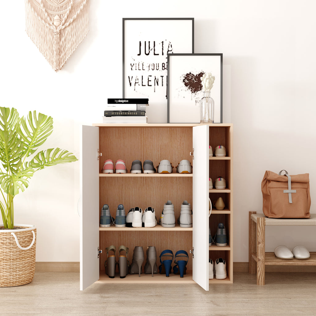 35.5" Shoe Cabinet, 3-Tier Free Standing Shoe Storage Cabinet with Adjustable Shelves and 5 Open Cubes for Entryway, Hallway, Living Room, Natural
