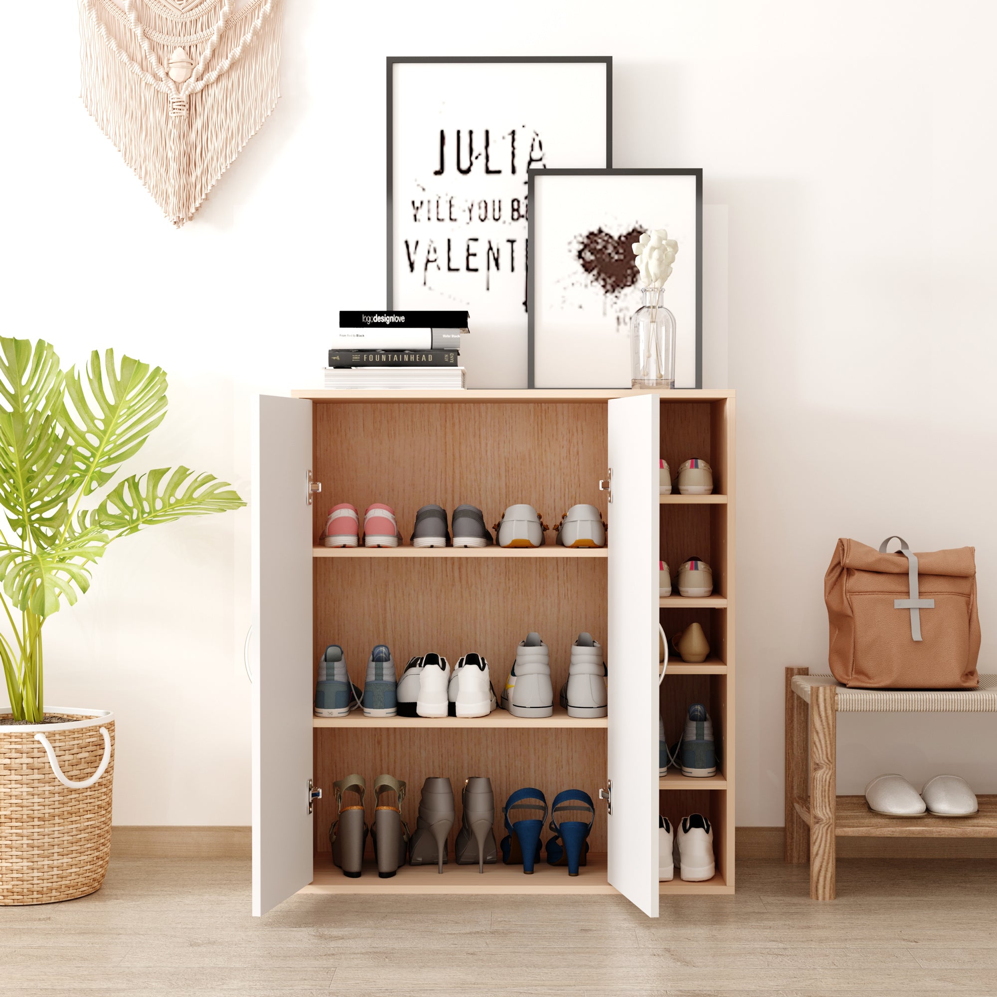 35.5" Shoe Cabinet, 3-Tier Free Standing Shoe Storage Cabinet with Adjustable Shelves and 5 Open Cubes for Entryway, Hallway, Living Room, Natural