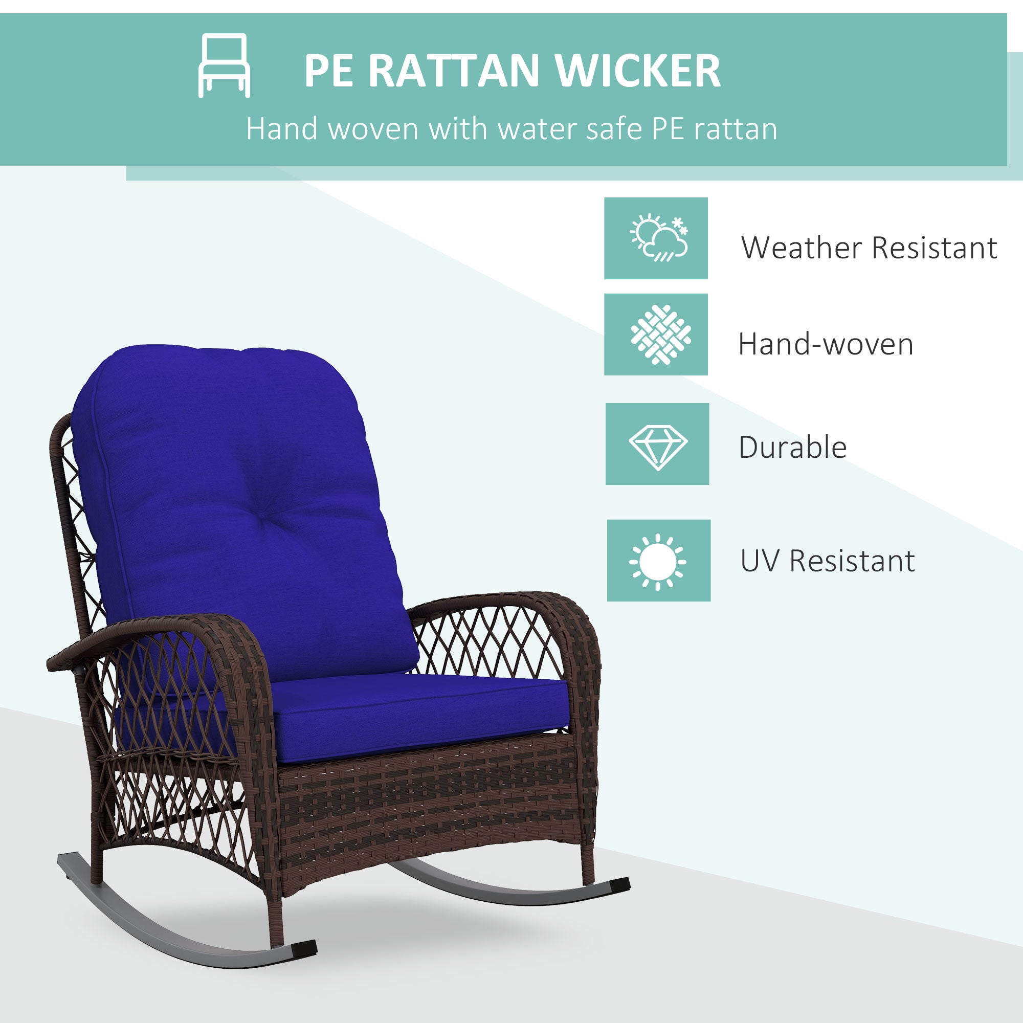 Outdoor Wicker Rattan Rocking Chair Patio Rocker with Thick Cushions for Garden Backyard Porch, Dark Blue