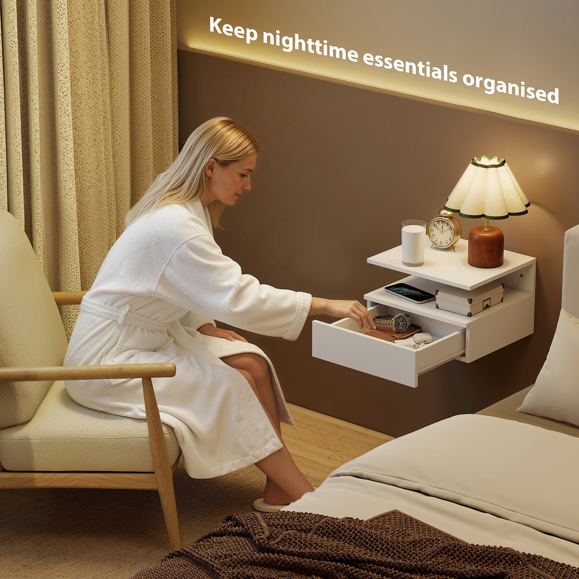 Floating Nightstand Set of 2, Wall Mounted Bedside Table with Drawer and Shelf, Small Night Stand for Bedroom, White