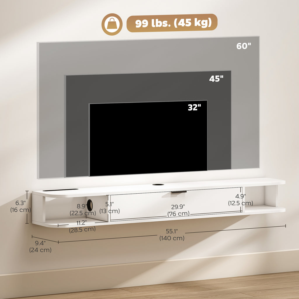 55" Floating TV Stand for TVs up to 60 Inch, Wall Mounted Media Console with Flip Drawer and 2 Open Shelves, White