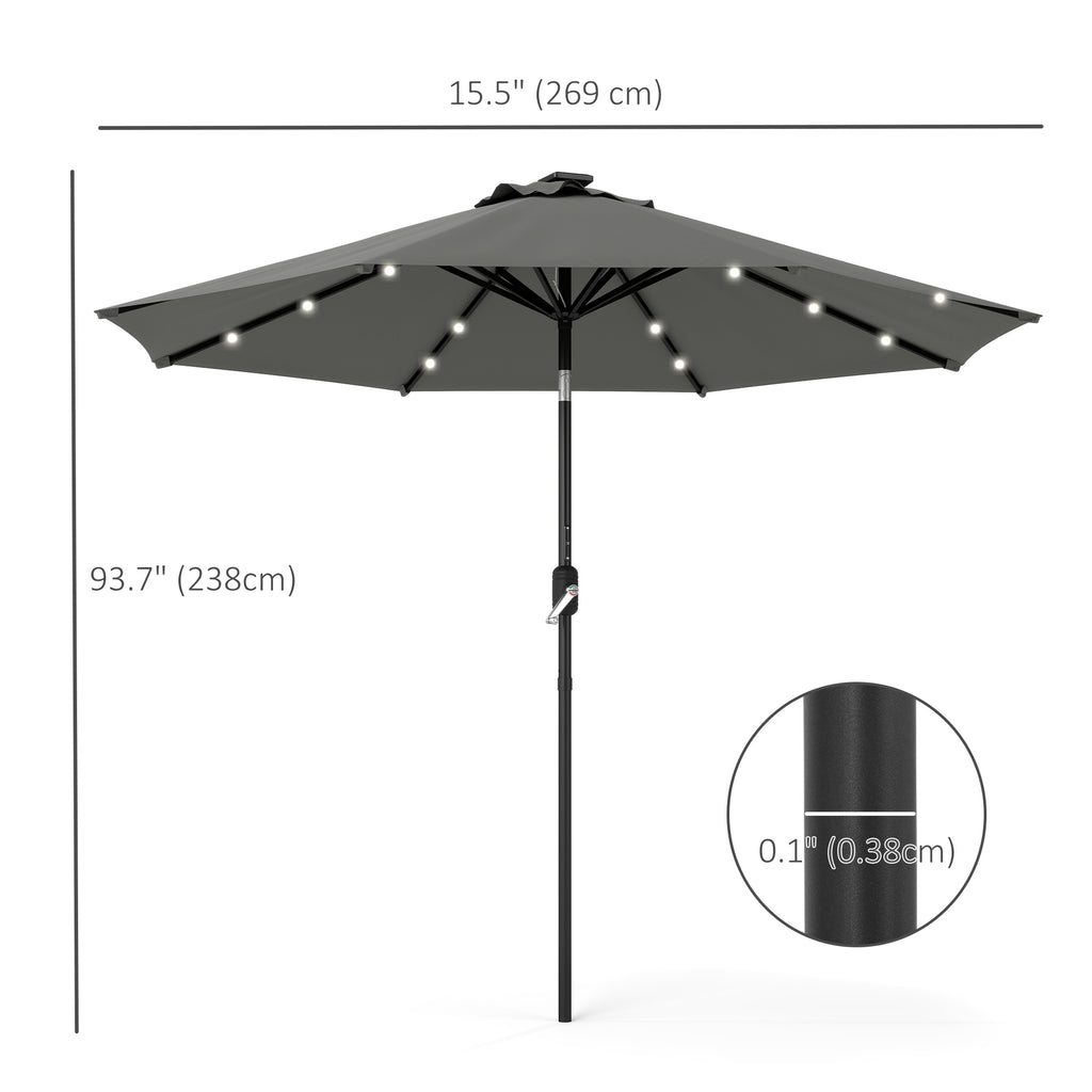 8.8 ft Solar Powered Outdoor Patio Umbrella Round Market Table Umbrella with Adjustable LED Lights Tilt Crank Dark Grey