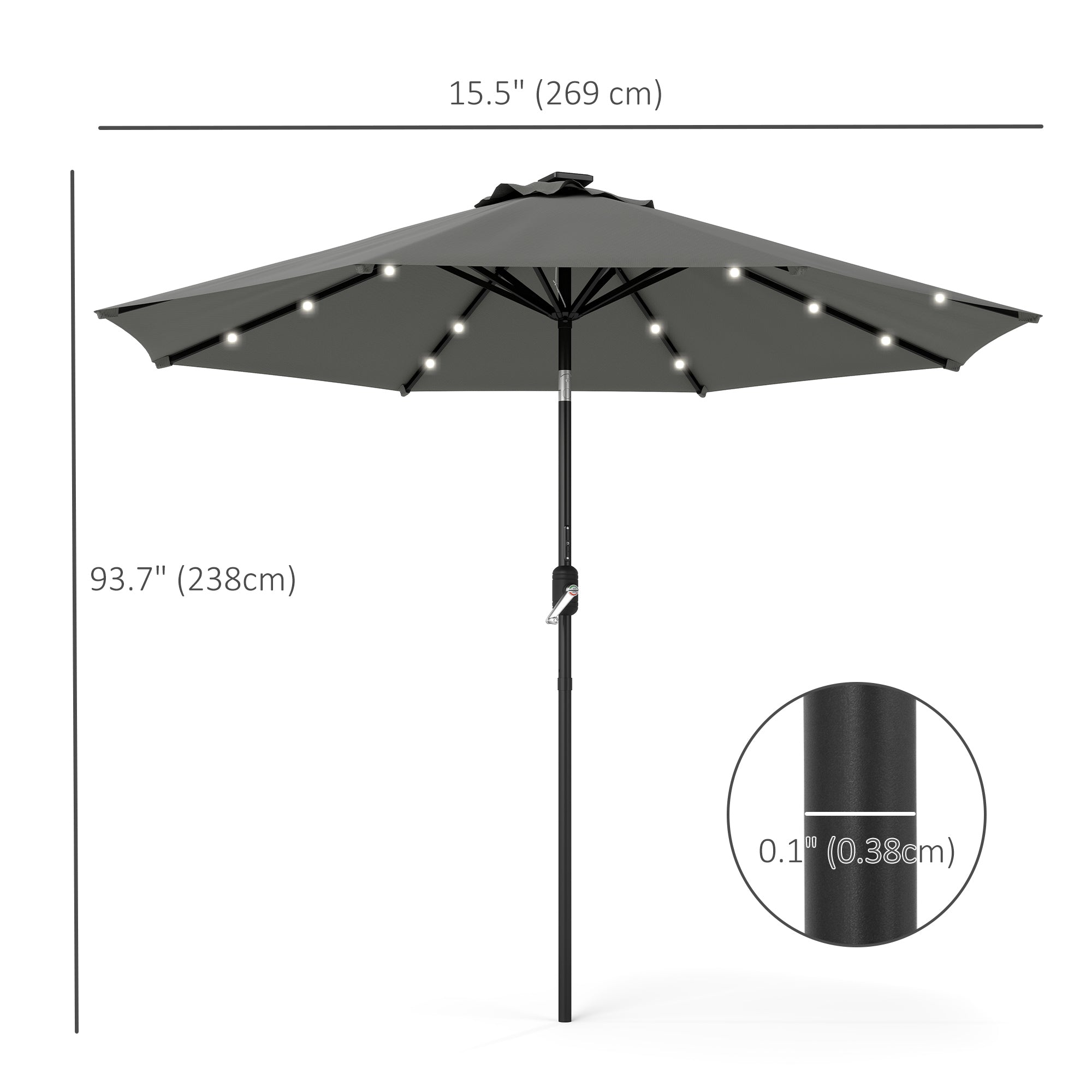 8.8 ft Solar Powered Outdoor Patio Umbrella Round Market Table Umbrella with Adjustable LED Lights Tilt Crank Dark Grey