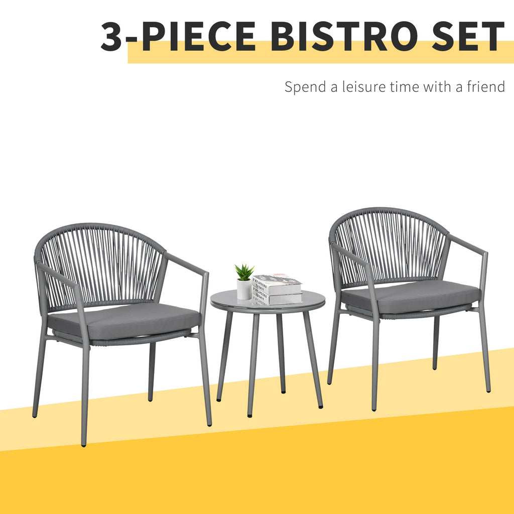 3-Piece Rattan Bistro Set, Garden Seating Group with 2 Armchairs and Coffee Table, Balcony Furniture Set, Grey