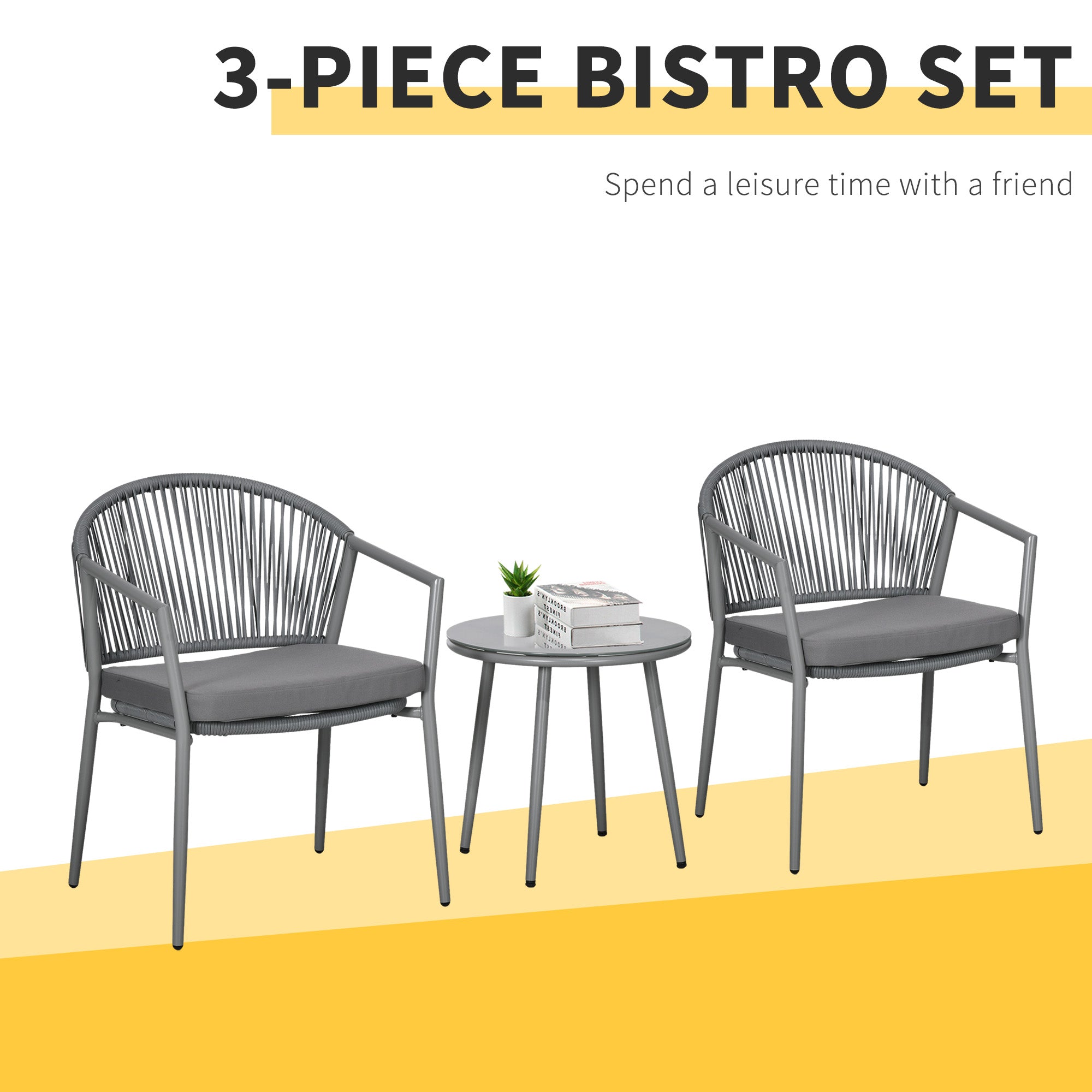 3-Piece Rattan Bistro Set, Garden Seating Group with 2 Armchairs and Coffee Table, Balcony Furniture Set, Grey