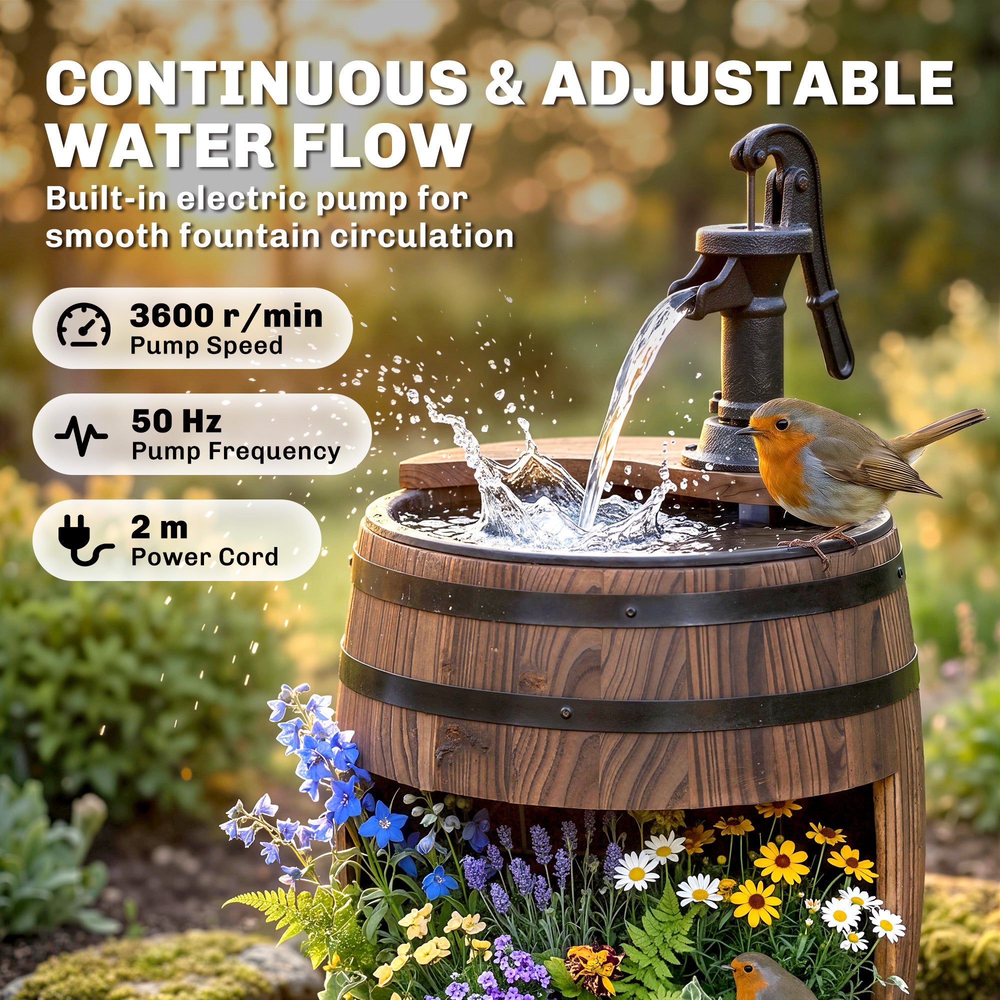 Wooden Outdoor Fountain, Electrical Barrel Waterfall with 3600r/min Speed Pump for Patio, Backyard, Carbonized
