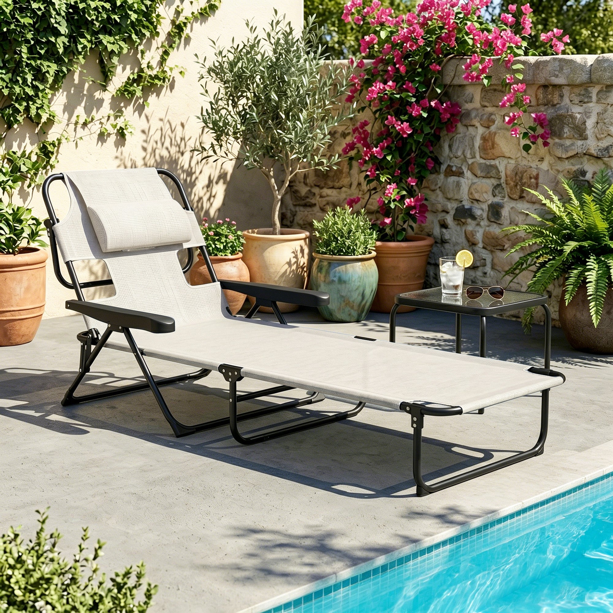 Folding Lounge Chair w/ Reclining Back, Cream White