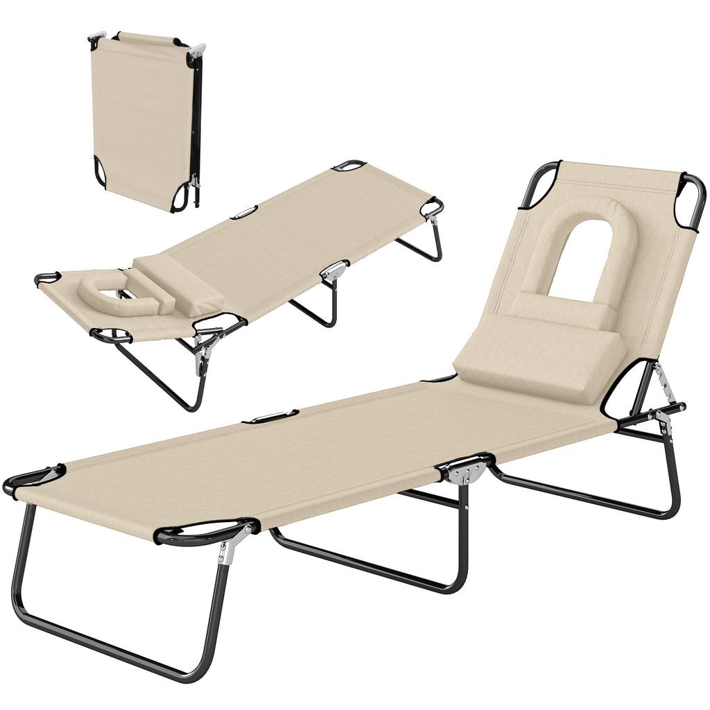 Outdoor Lounge Chair, Garden Folding Chaise Lounge w/ Adjustable Backrest, Face Hole and Support Pillow, Beige
