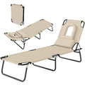 Outdoor Lounge Chair, Garden Folding Chaise Lounge w/ Adjustable Backrest, Face Hole and Support Pillow, Beige