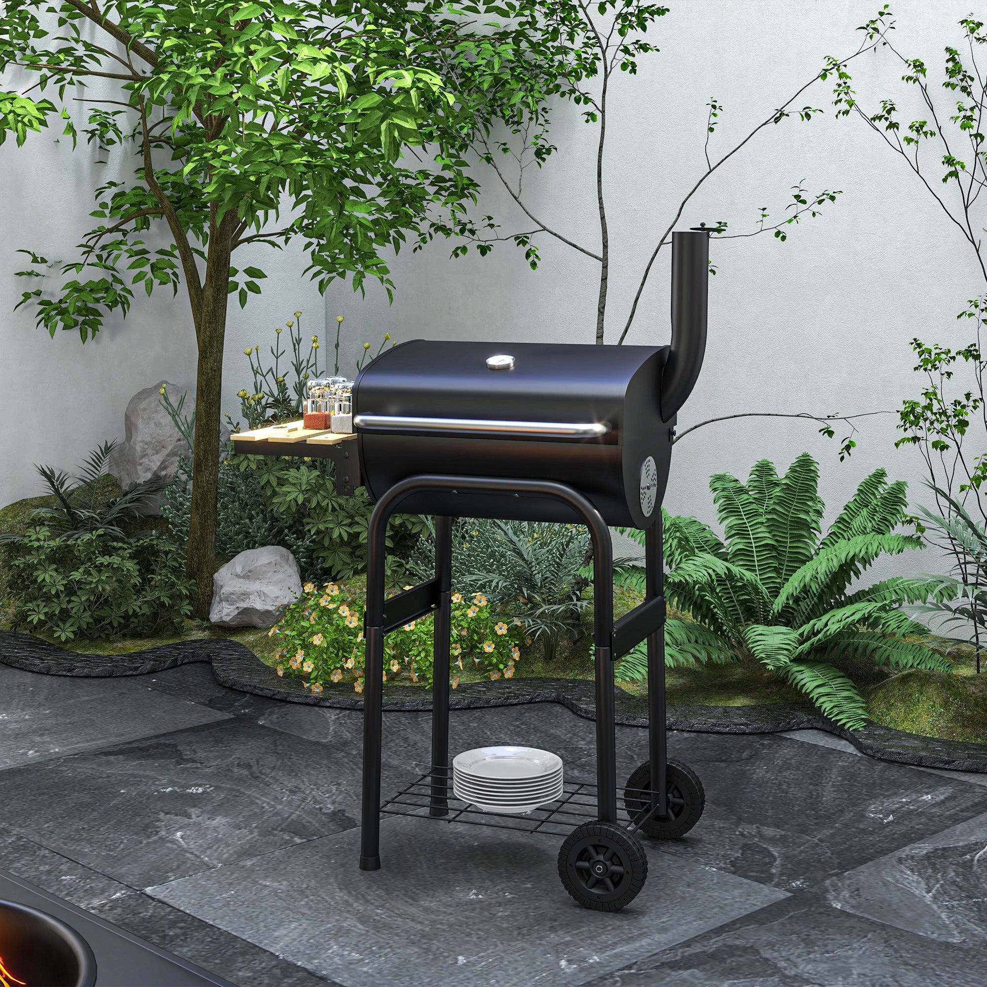 Charcoal Barbecue Grill, BBQ with Thermometer, Shelves and Wheels, Black