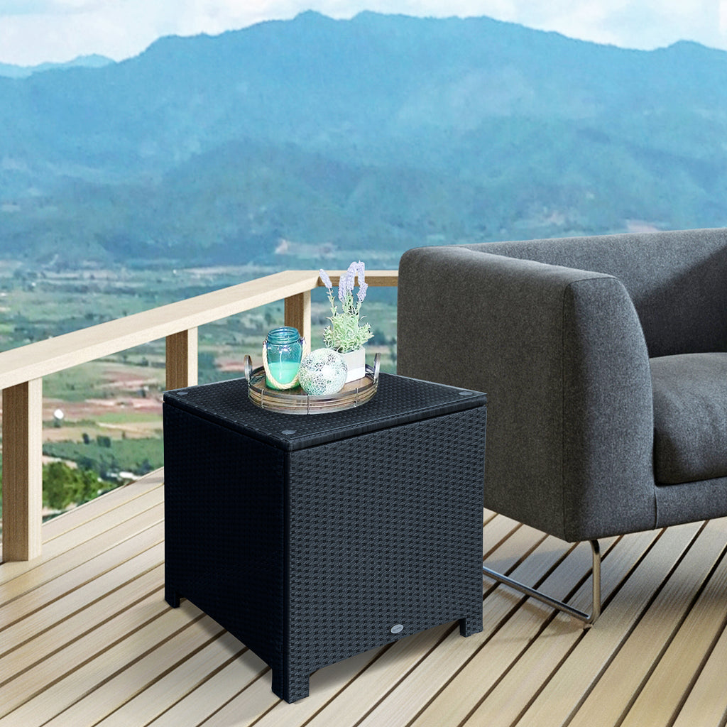 Rattan Side Table Wicker Coffee Table with Glass Top Outdoor Patio Furniture For Patio Poolside Garden Lawn, Black