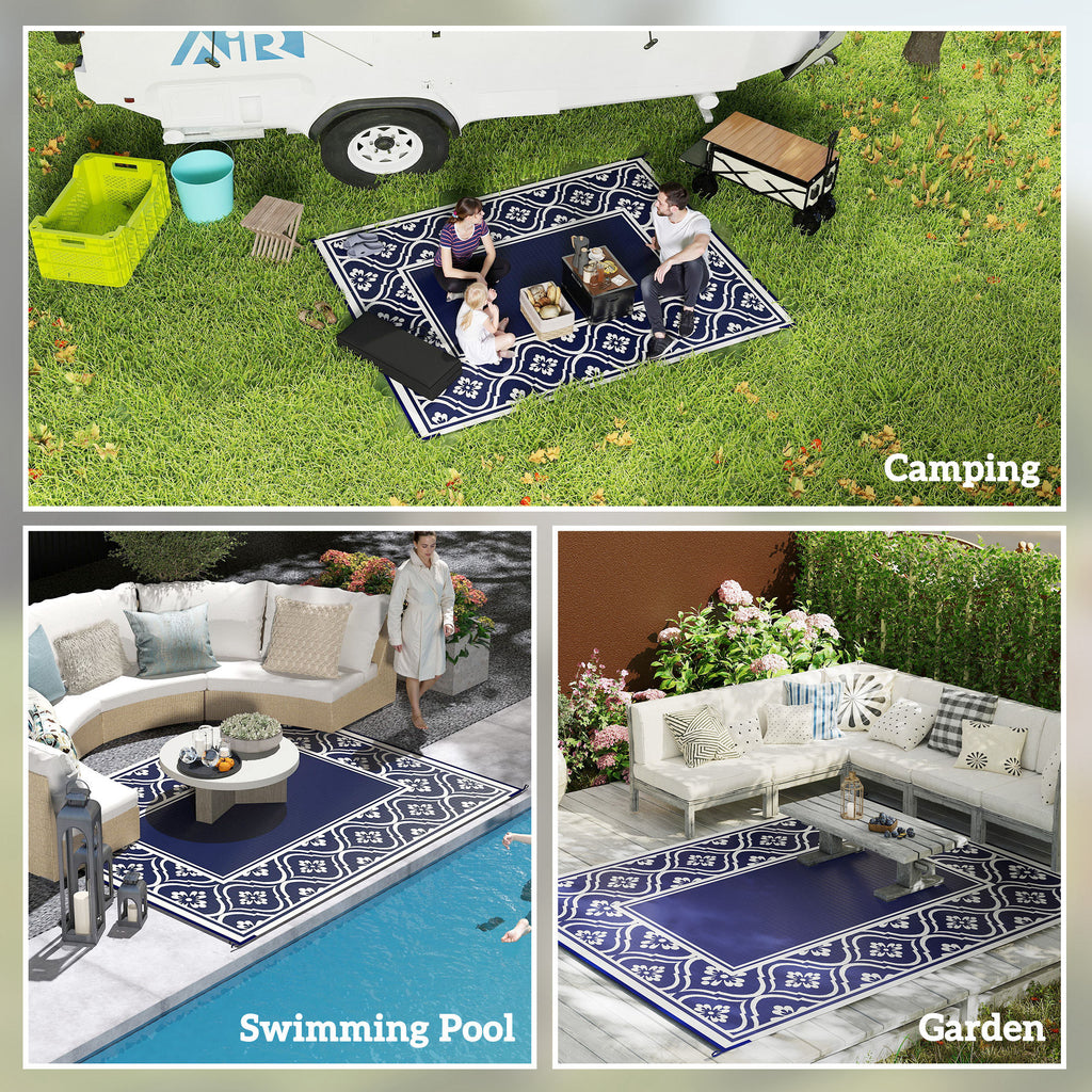 8' x 10' Outdoor RV Rug, Reversible Patio Floor Mat with Carry Bag, Gourd Border, Blue and White