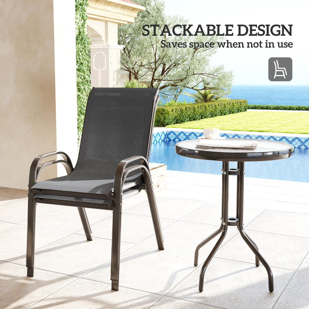 3 Pieces Bistro Set, Small Patio Furniture Set with Stackable Mesh Chairs, Glass Table for Garden, Balcony, Dark Grey